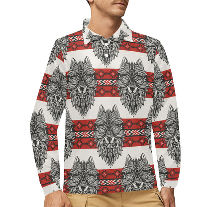 Native Indian Wolf Long Sleeve Polo Shirt For Men's