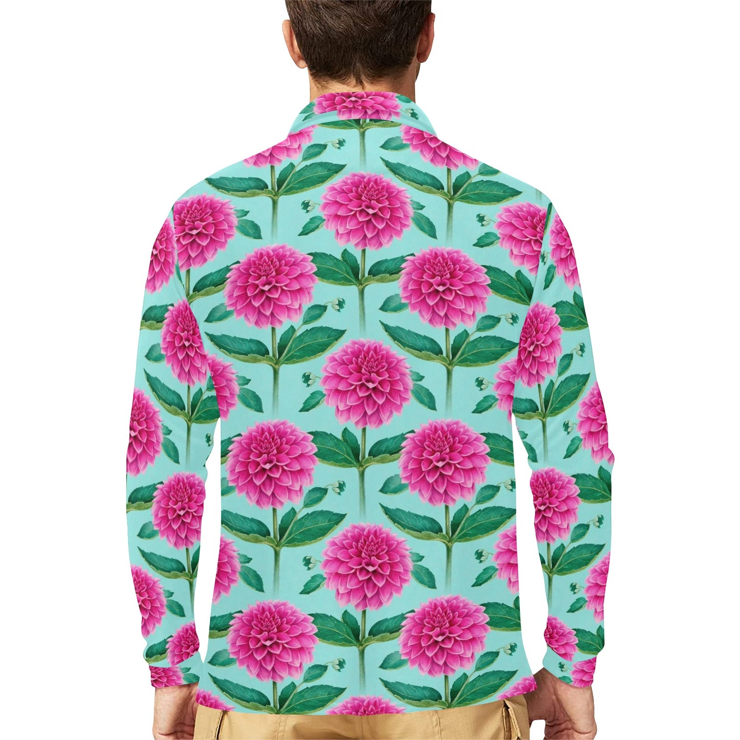 Dahlia Pattern Print Design DH08 Long Sleeve Polo Shirt For Men's