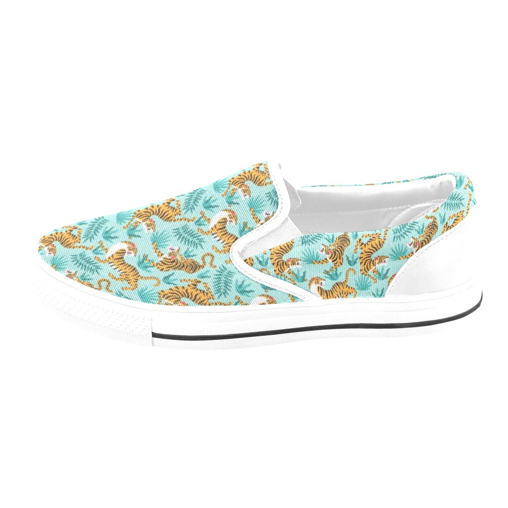 Tiger Print Design LKS304 White Slip Ons Canvas Women's Shoes