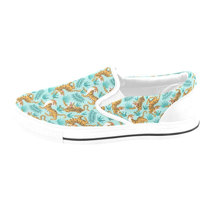 Tiger Print Design LKS304 White Slip Ons Canvas Women's Shoes