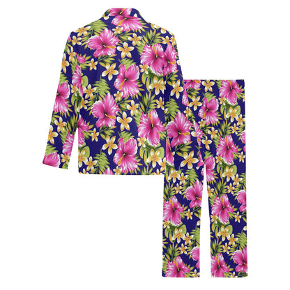 Pink Hibiscus Pattern Print Design HB027 Men's Long Pajama Set
