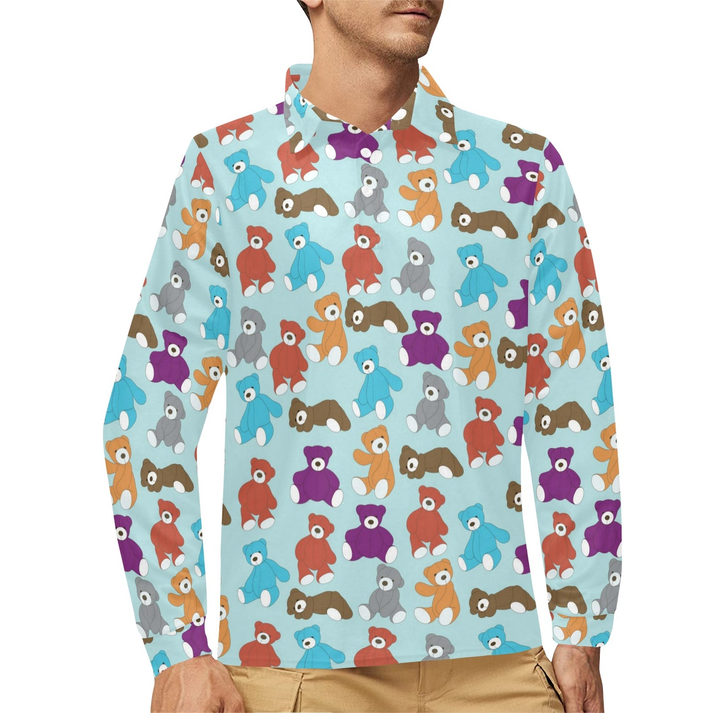 Bear Cute Pattern Print Design 03 Long Sleeve Polo Shirt For Men's