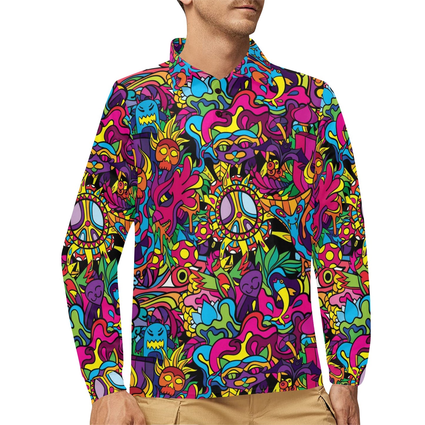 Trippy Print Design LKS304 Long Sleeve Polo Shirt For Men's