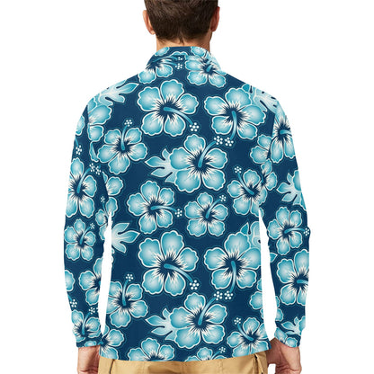 Blue Hibiscus Pattern Print Design HB011 Long Sleeve Polo Shirt For Men's