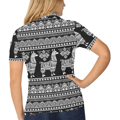 Llama Aztec Style Pattern Print Design 01 Women's Polo Shirt
