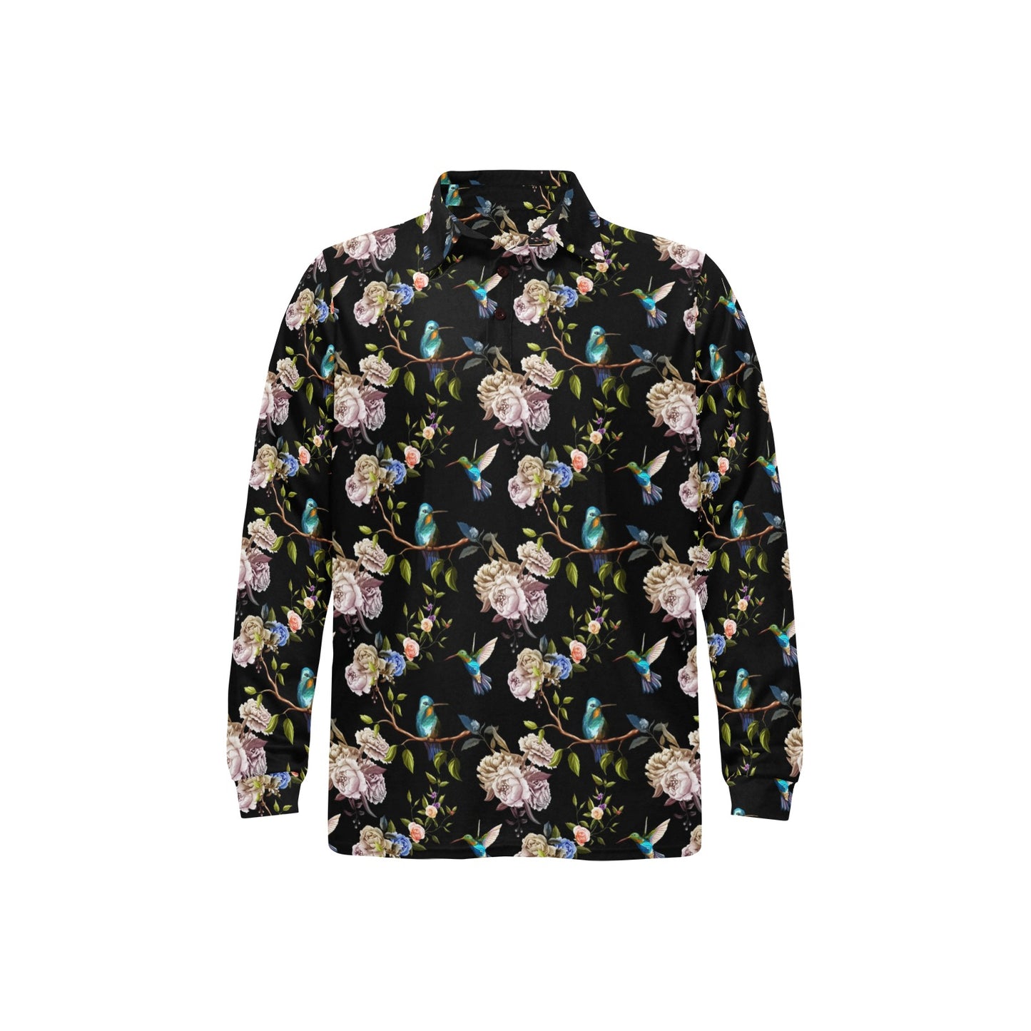 Hummingbird Flower Themed Print Long Sleeve Polo Shirt For Men's