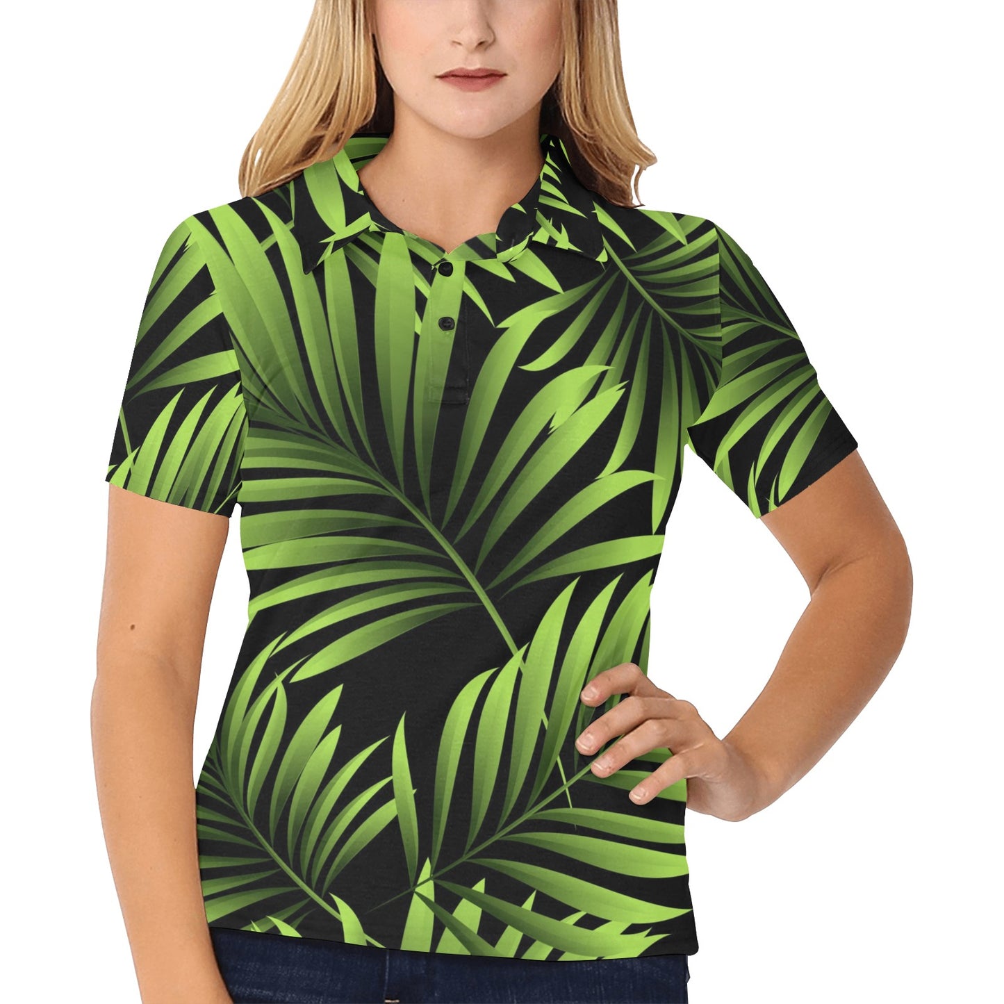 Green Neon Tropical Palm Leaves Women's Polo Shirt