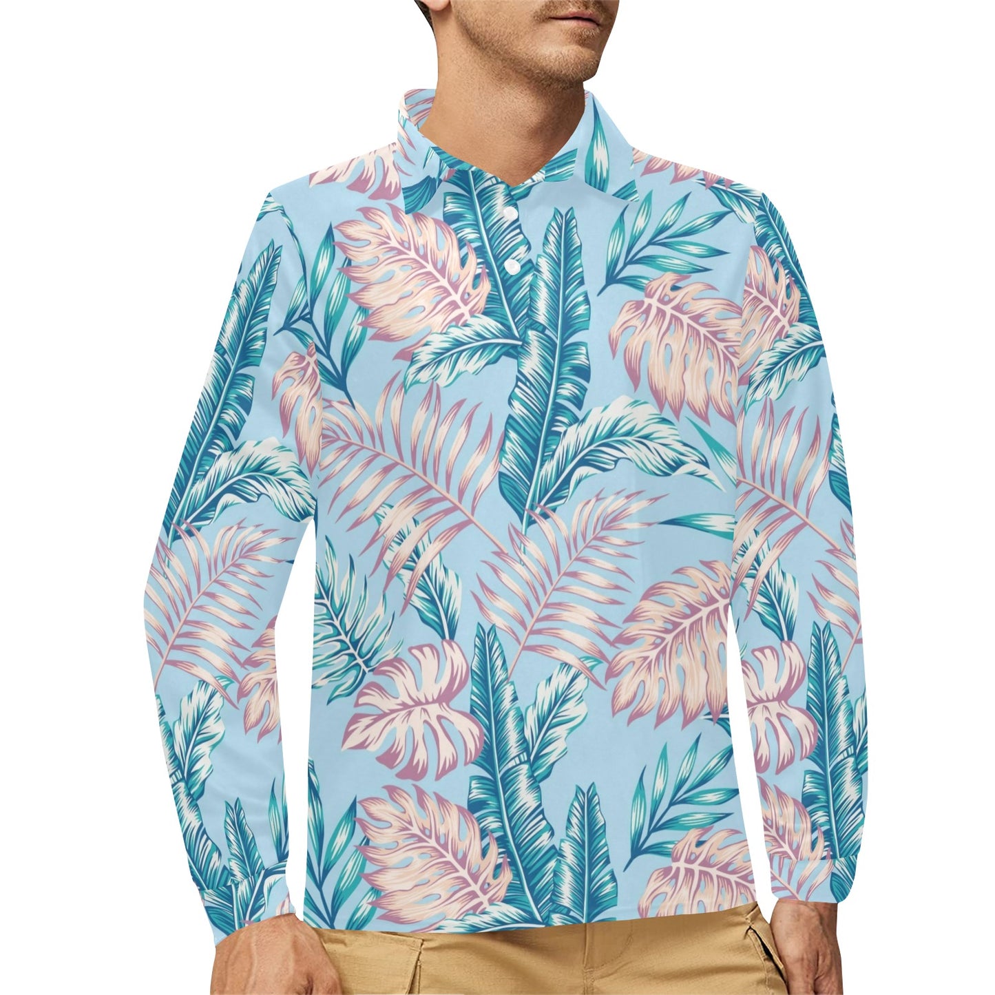 Tropical Flower Pattern Print Design TF01 Long Sleeve Polo Shirt For Men's