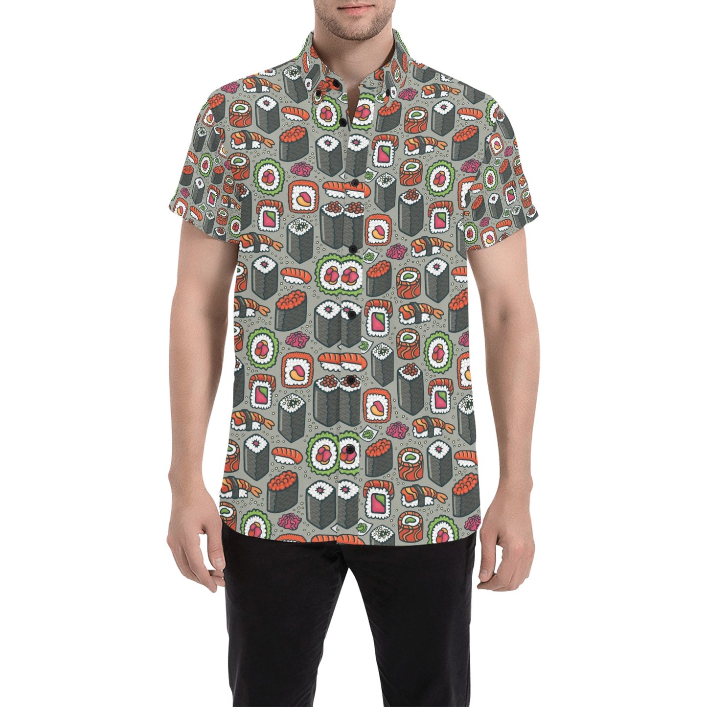 Sushi Print Design LKS301 Men Short Sleeve Button Up Shirt