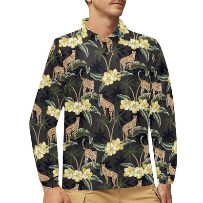 Cheetah Pattern Print Design 04 Long Sleeve Polo Shirt For Men's