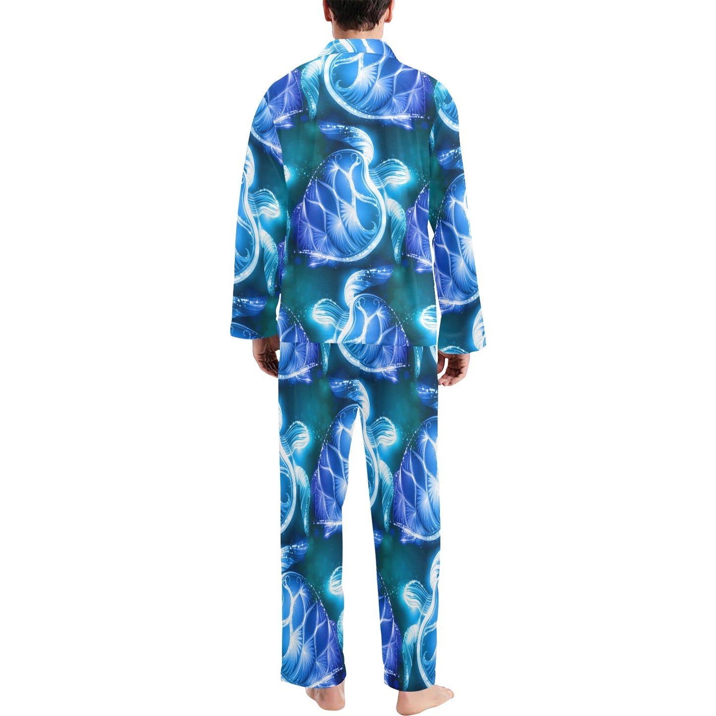 Blue Neon Sea Turtle Print Men's Long Pajama Set