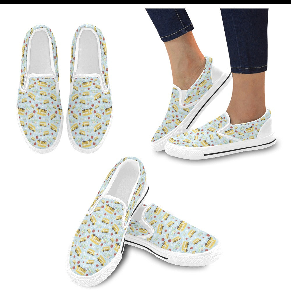 School Bus Back To School Print Design LKS303 White Slip Ons Canvas Women's Shoes