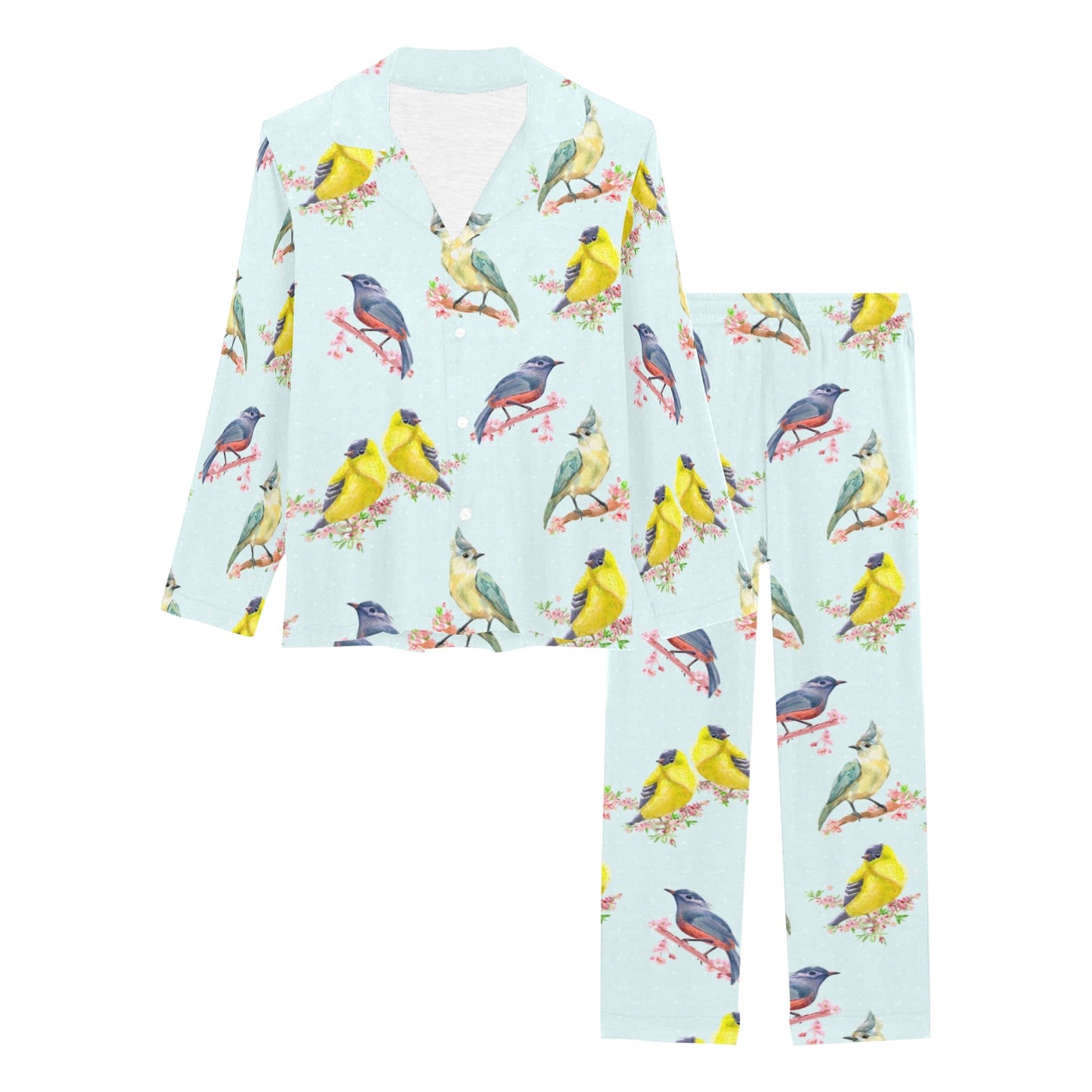 Bird Sweet Themed Print Pattern Women's Long Pajama Set
