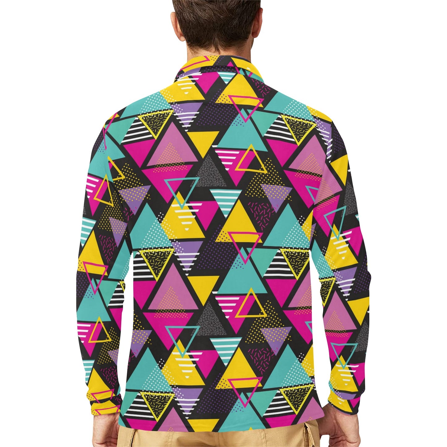 Geometric Colorful Pattern Print Design 02 Long Sleeve Polo Shirt For Men's