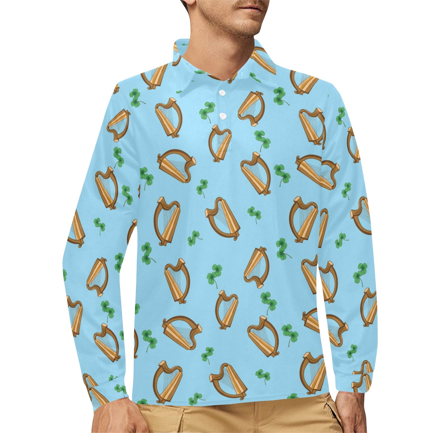 Harp Pattern Print Design 01 Long Sleeve Polo Shirt For Men's