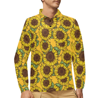 Sunflower Pattern Print Design SF04 Long Sleeve Polo Shirt For Men's