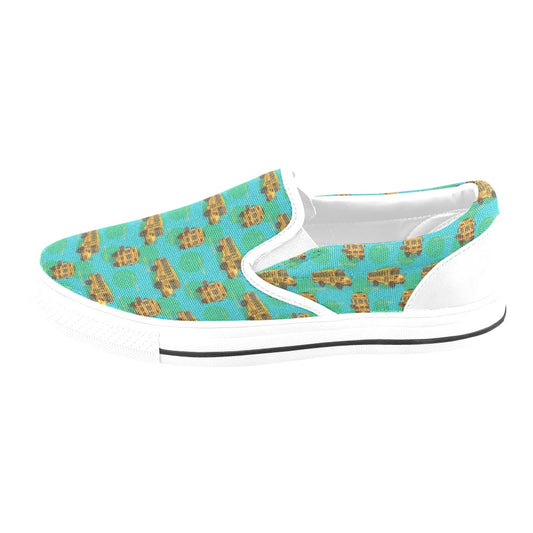 School Bus Print Design LKS308 White Slip Ons Canvas Women's Shoes