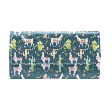 Llama with Cactus Design Print Women's Trifold Wallet