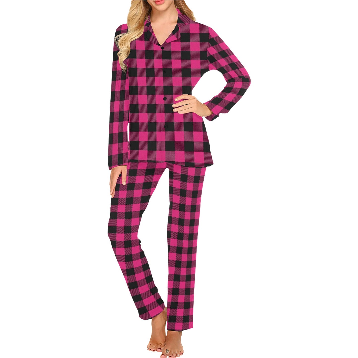 Pink Tartan Plaid Pattern Women's Long Pajama Set