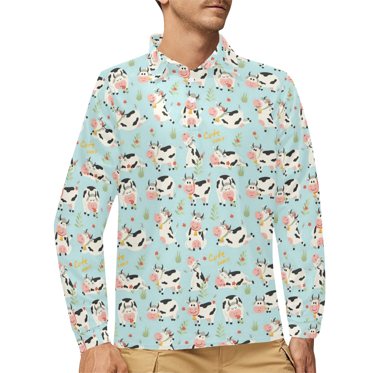 Cattle Print Design LKS403 Long Sleeve Polo Shirt For Men's