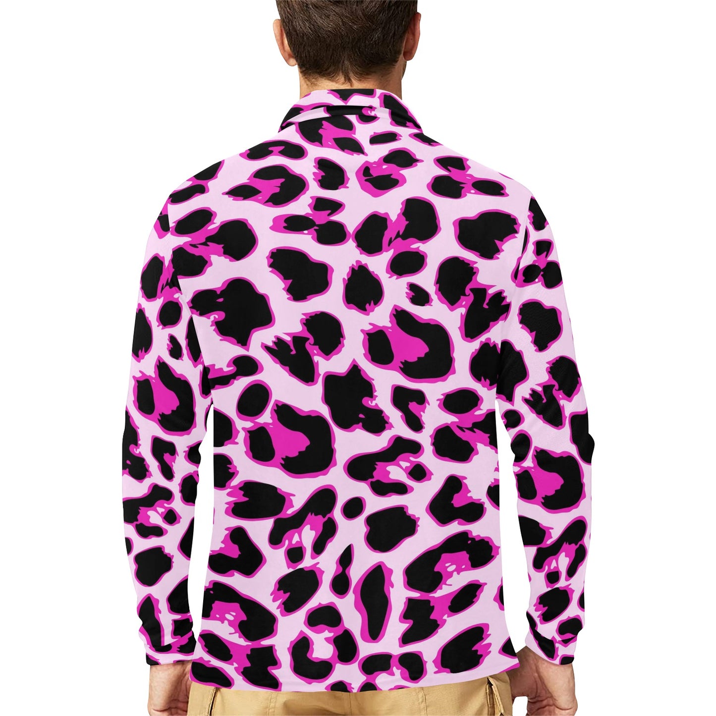 Pink Leopard Print Long Sleeve Polo Shirt For Men's