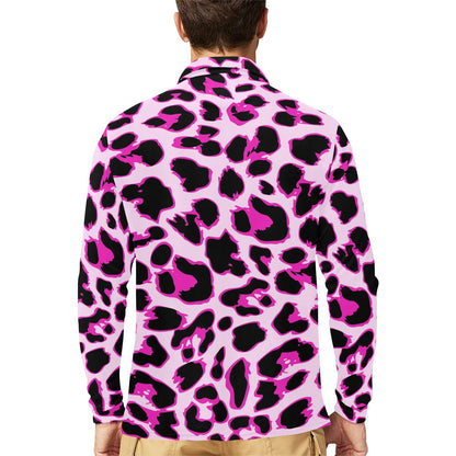 Pink Leopard Print Long Sleeve Polo Shirt For Men's