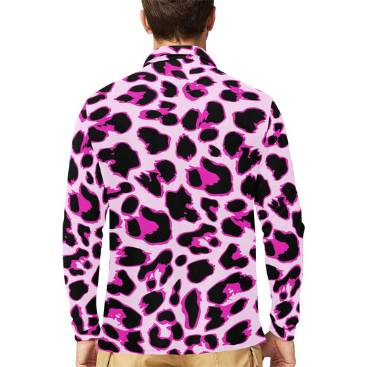 Pink Leopard Print Long Sleeve Polo Shirt For Men's