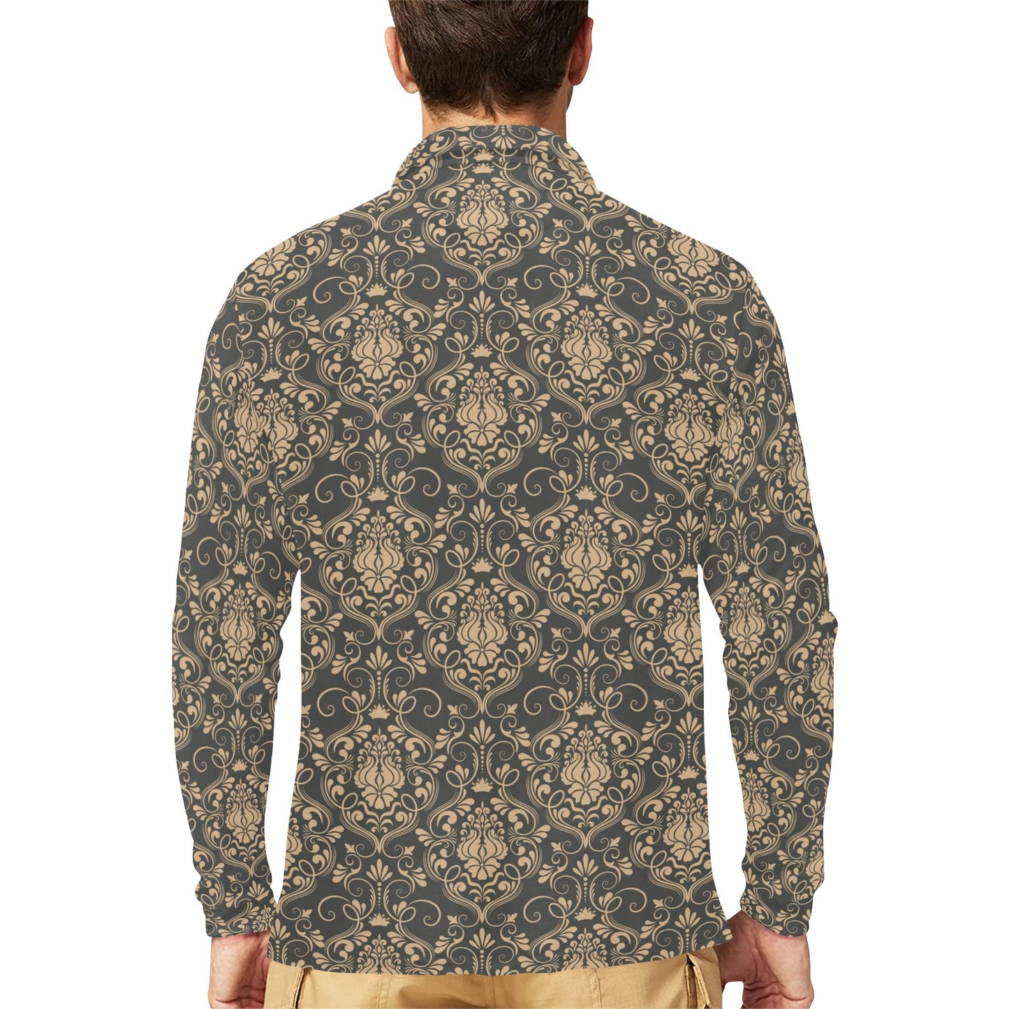 Damask Elegant Luxury Print Pattern Long Sleeve Polo Shirt For Men's
