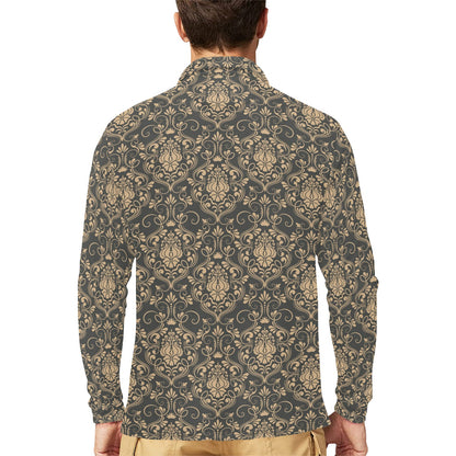 Damask Elegant Luxury Print Pattern Long Sleeve Polo Shirt For Men's