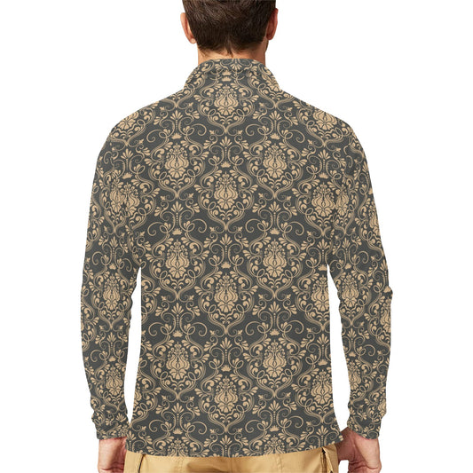 Damask Elegant Luxury Print Pattern Long Sleeve Polo Shirt For Men's