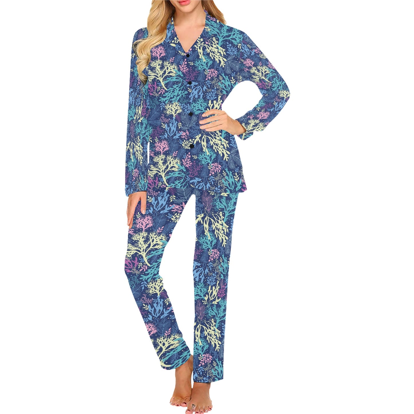 Seaweed Print Design LKS301 Women's Long Pajama Set