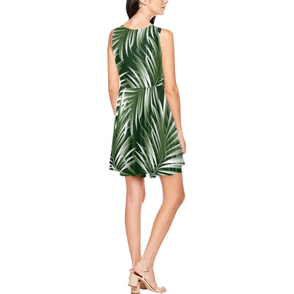 White Green Tropical Palm Leaves Sleeveless Dress