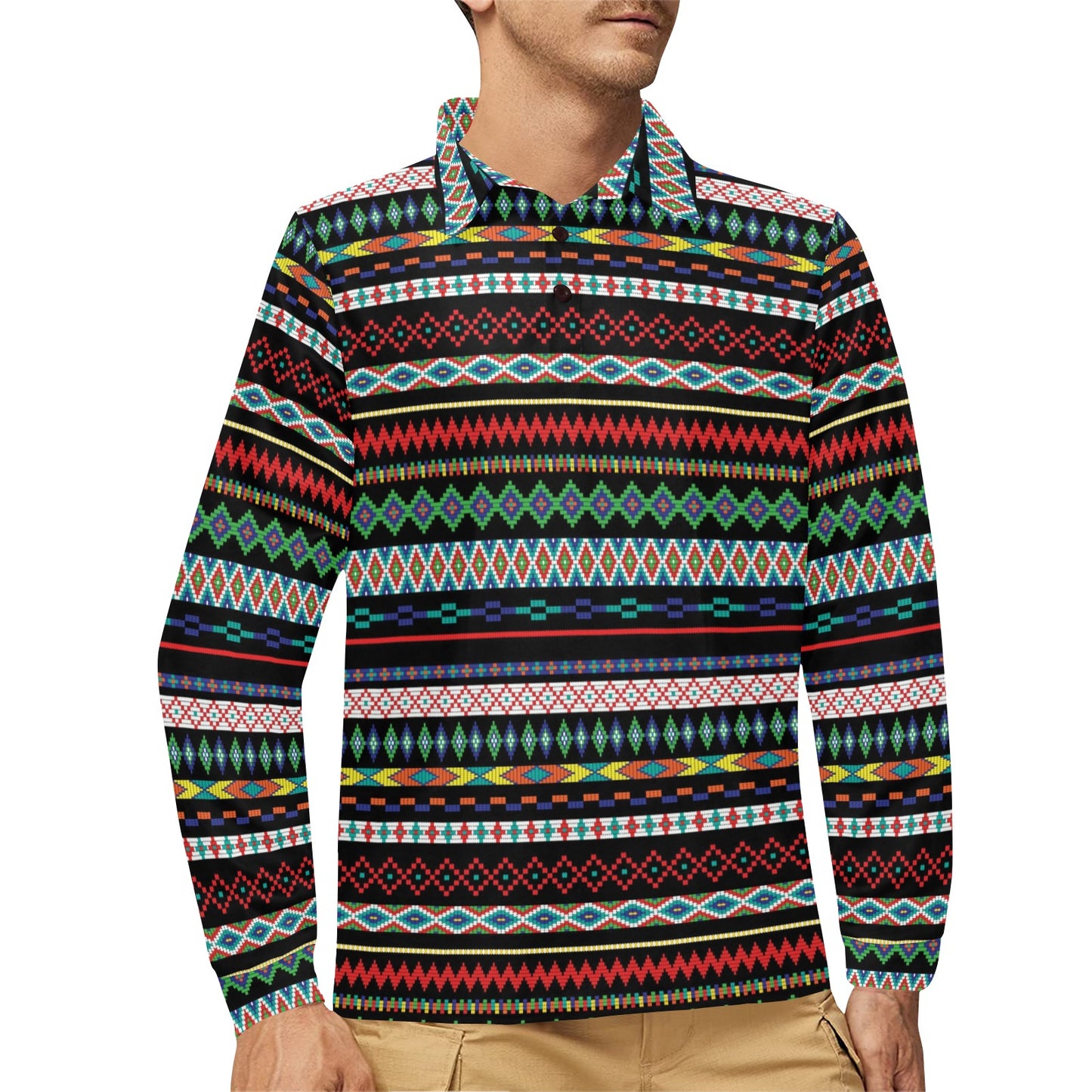 Southwest Pattern Print Design LKS302 Long Sleeve Polo Shirt For Men's