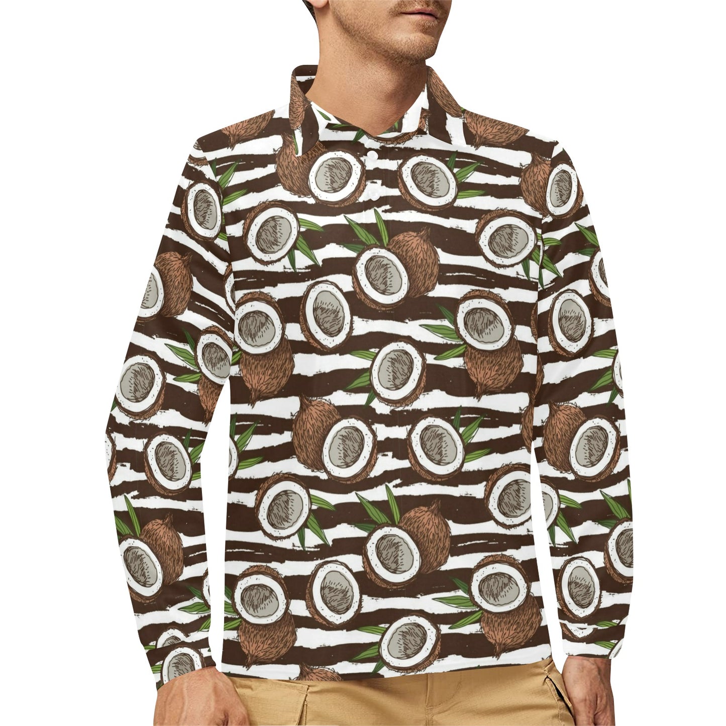 Coconut Pattern Print Design CN04 Long Sleeve Polo Shirt For Men's