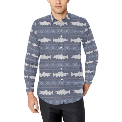Salmon Fish Knit Style Print Design LKS304 Men's Long Sleeve Dress Shirt
