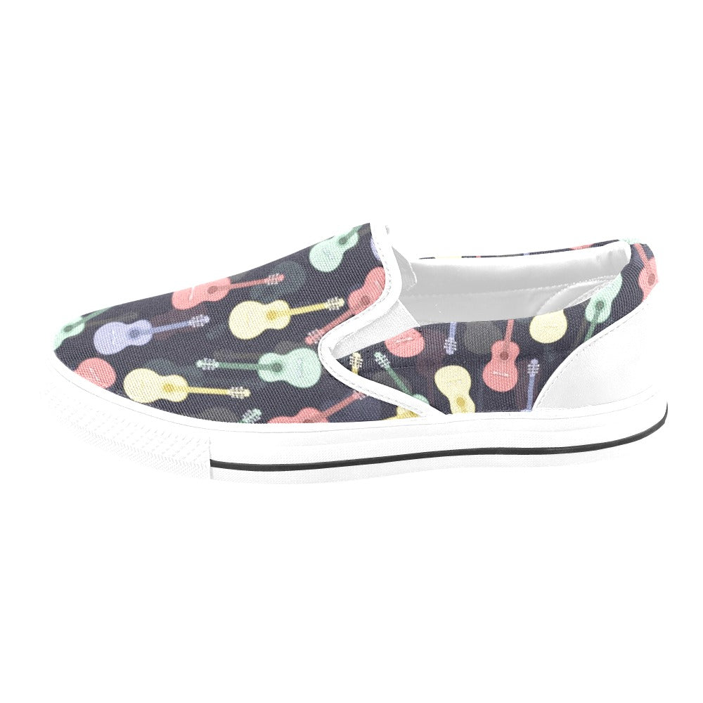 Acoustic Guitar Print Design LKS401 White Slip Ons Canvas Women's Shoes