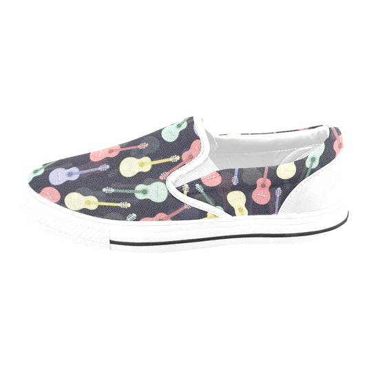 Acoustic Guitar Print Design LKS401 White Slip Ons Canvas Women's Shoes