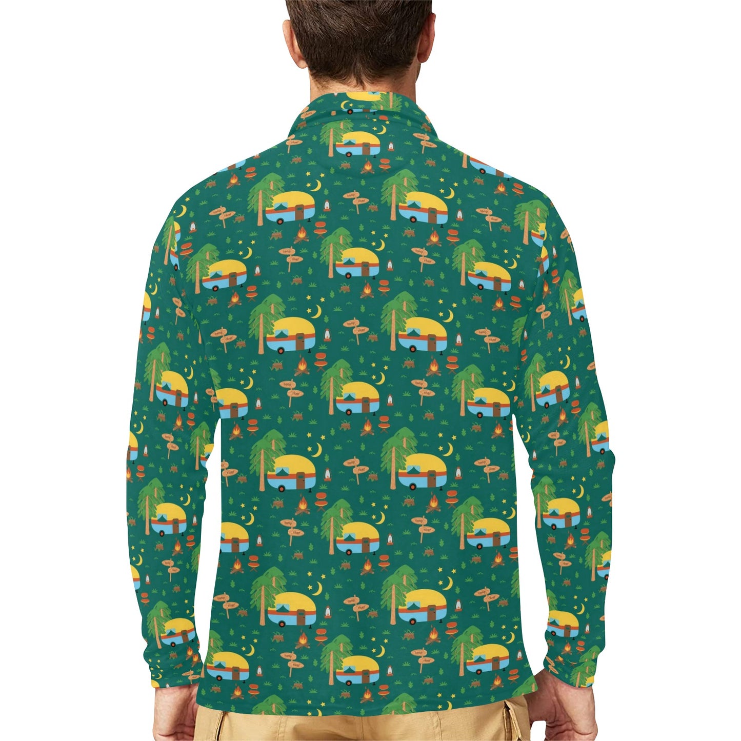 Camping Camper Pattern Print Design 06 Long Sleeve Polo Shirt For Men's
