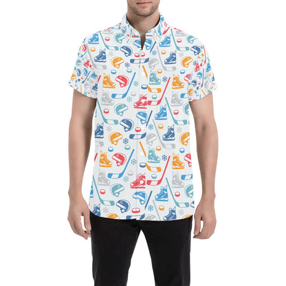 Hockey Equipment Print Design LKS301 Men Short Sleeve Button Up Shirt