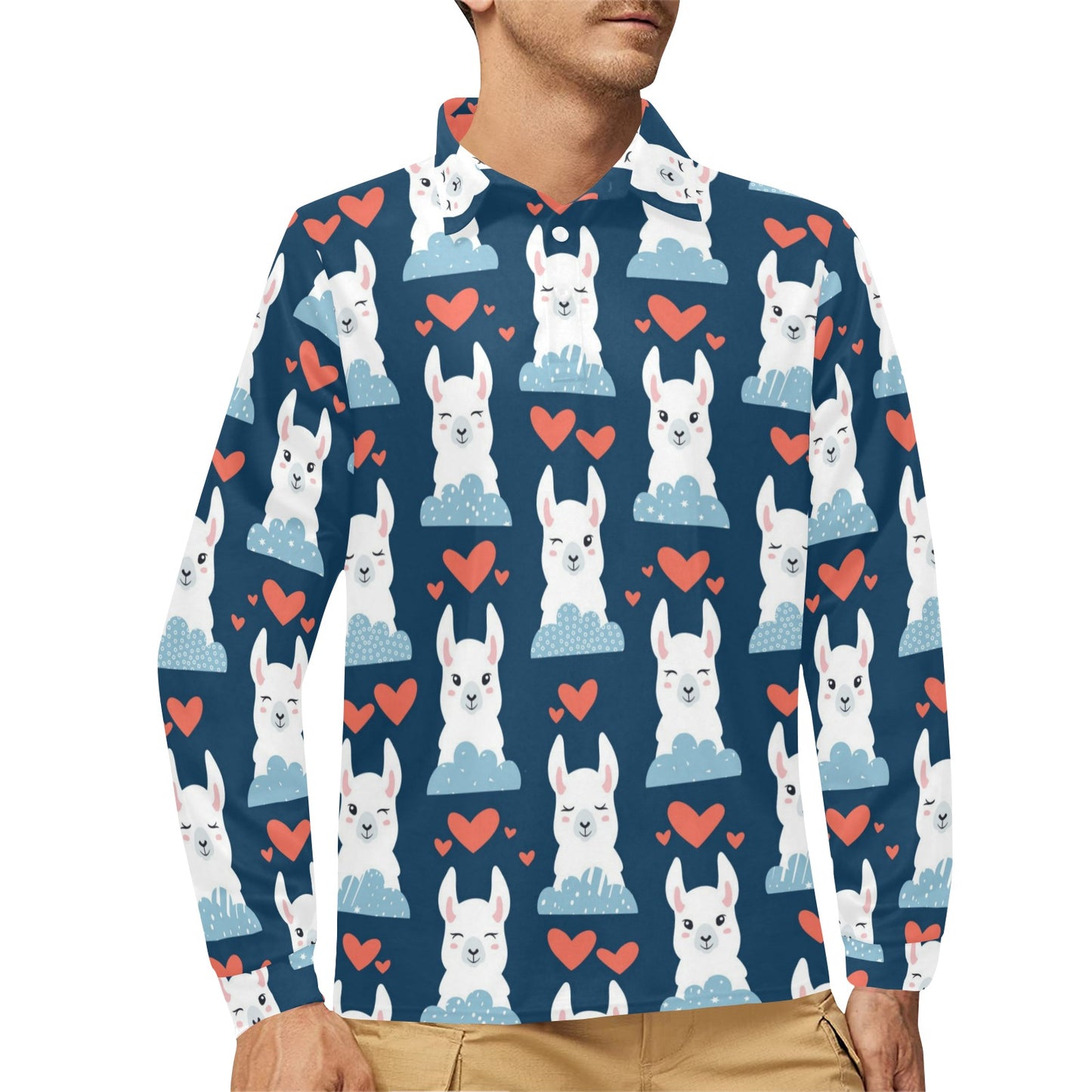 Alpaca Love Pattern Print Design 05 Long Sleeve Polo Shirt For Men's