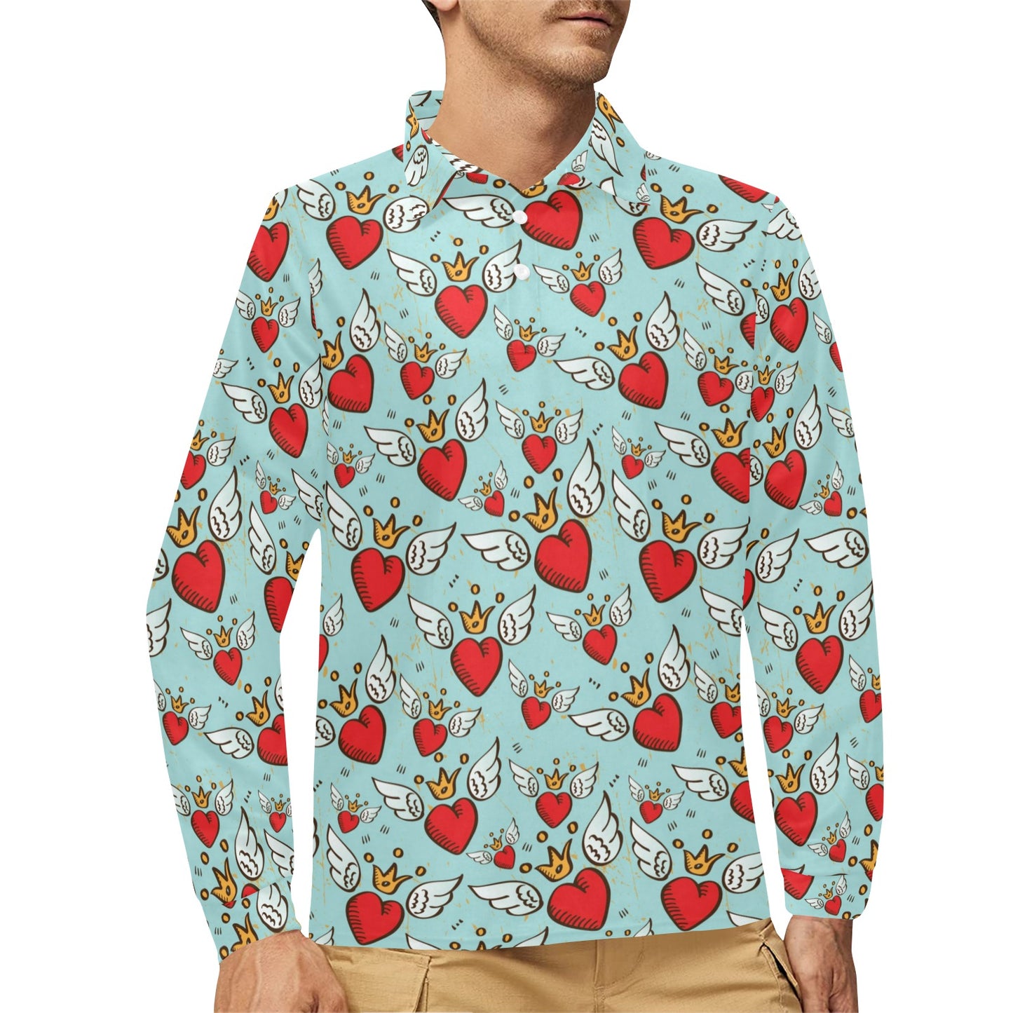 Angel Wings Heart Pattern Print Design 02 Long Sleeve Polo Shirt For Men's