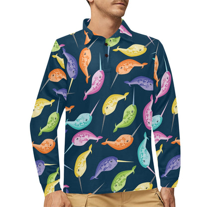 Narwhal Colorful Pattern Print Design 03 Long Sleeve Polo Shirt For Men's