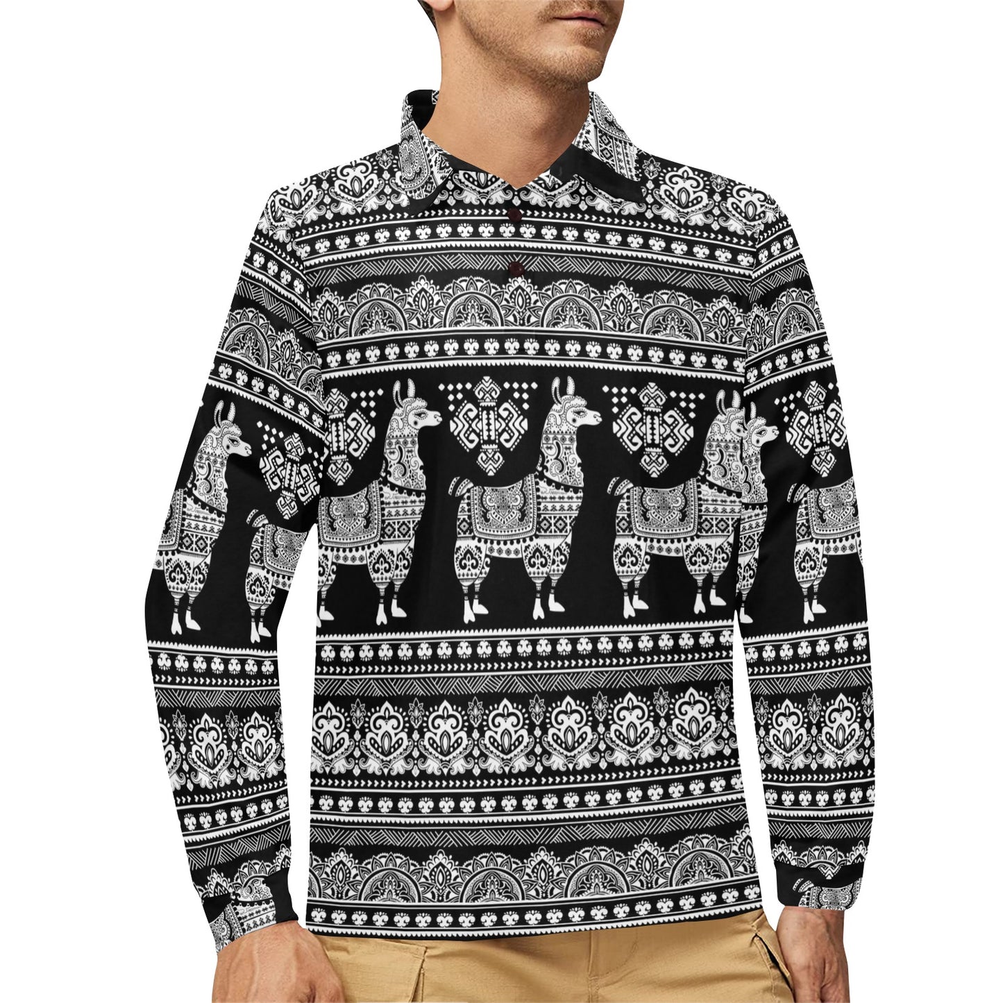 Llama Aztec Style Pattern Print Design 01 Long Sleeve Polo Shirt For Men's