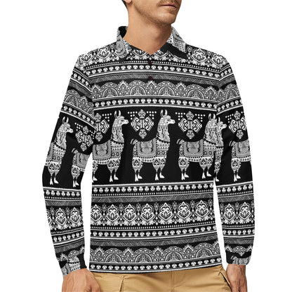 Llama Aztec Style Pattern Print Design 01 Long Sleeve Polo Shirt For Men's