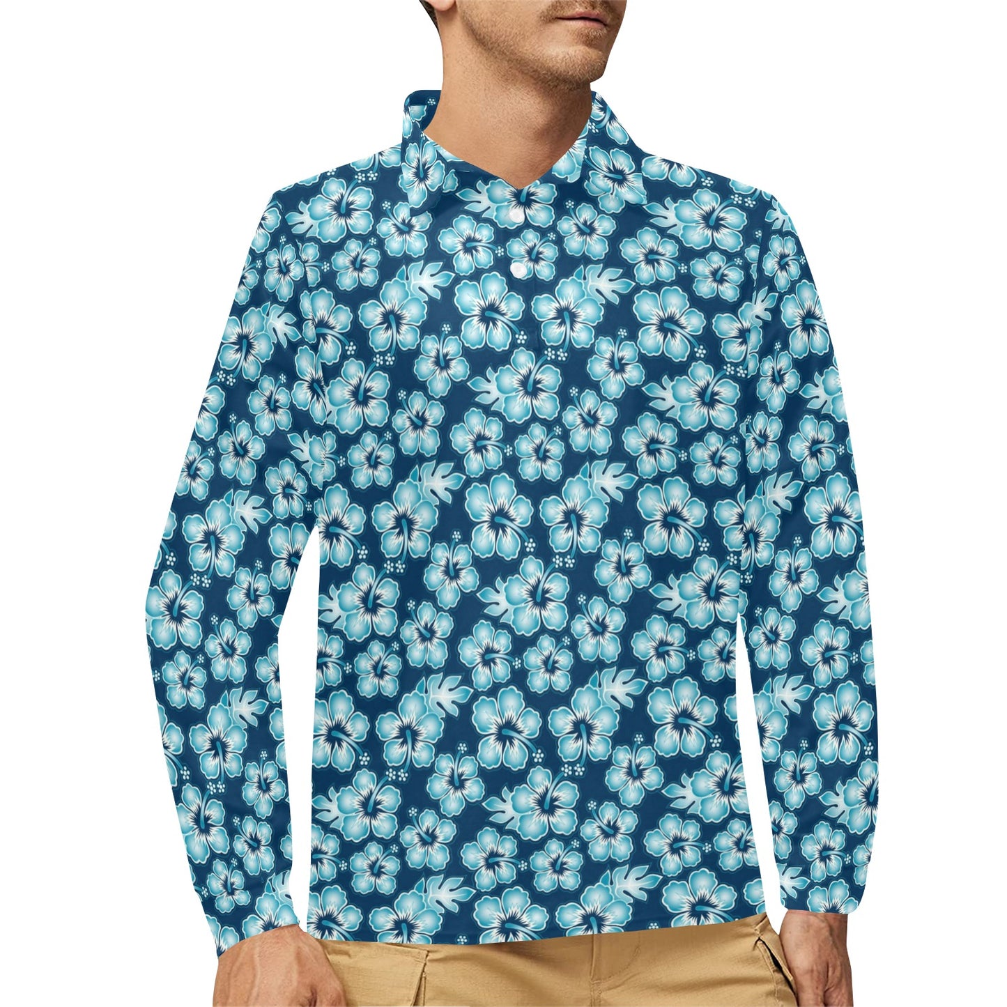 Hibiscus Flower Hawaiian Themed Long Sleeve Polo Shirt For Men's