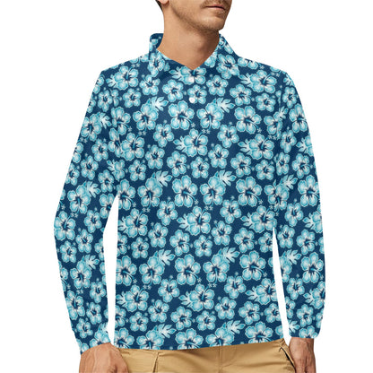 Hibiscus Flower Hawaiian Themed Long Sleeve Polo Shirt For Men's