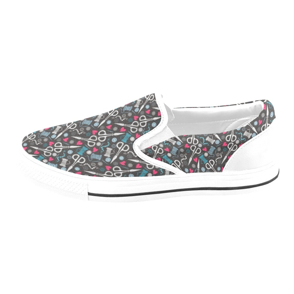 Sewing Equipment Print Design LKS305 White Slip Ons Canvas Women's Shoes
