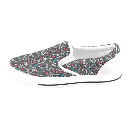 Sewing Equipment Print Design LKS305 White Slip Ons Canvas Women's Shoes