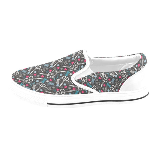 Sewing Equipment Print Design LKS305 White Slip Ons Canvas Women's Shoes