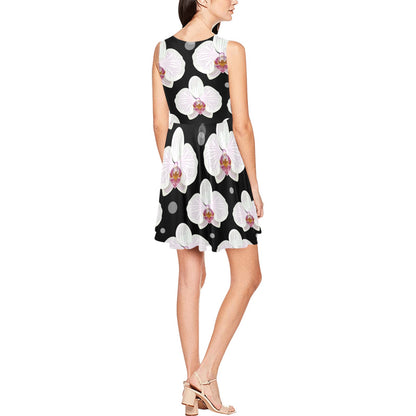 Orchid White Pattern Print Design OR09 Sleeveless Dress